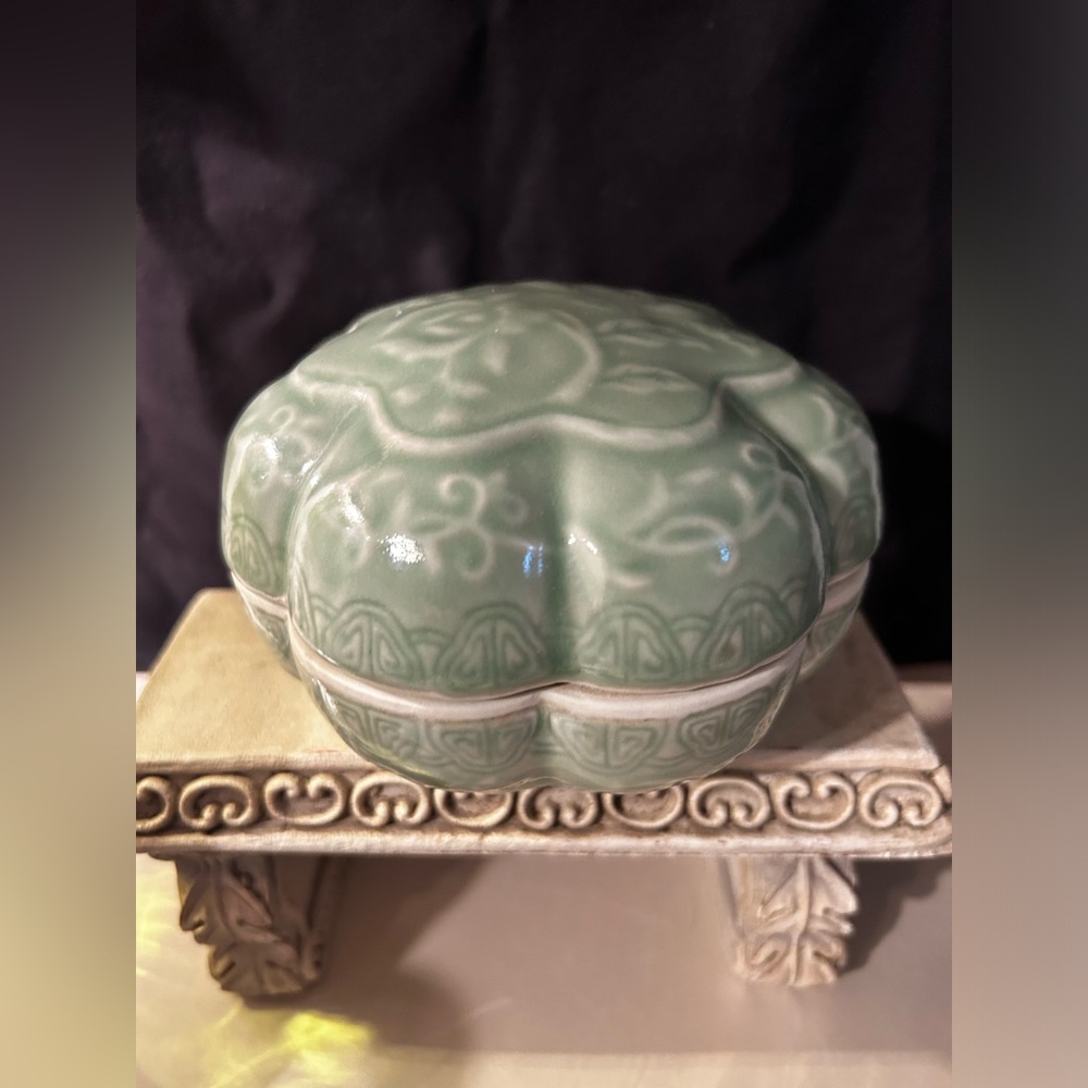 Chopsticks Andrea by Sadek Hand Carved Celadon Longquan w/Flowers & Ruyi Design.